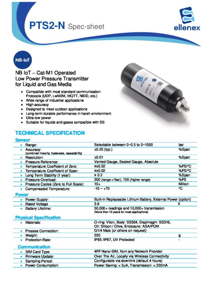 PTS2 N Ellenex NB IoT Cat M1 Low Power Pressure Transmitter For Liquid